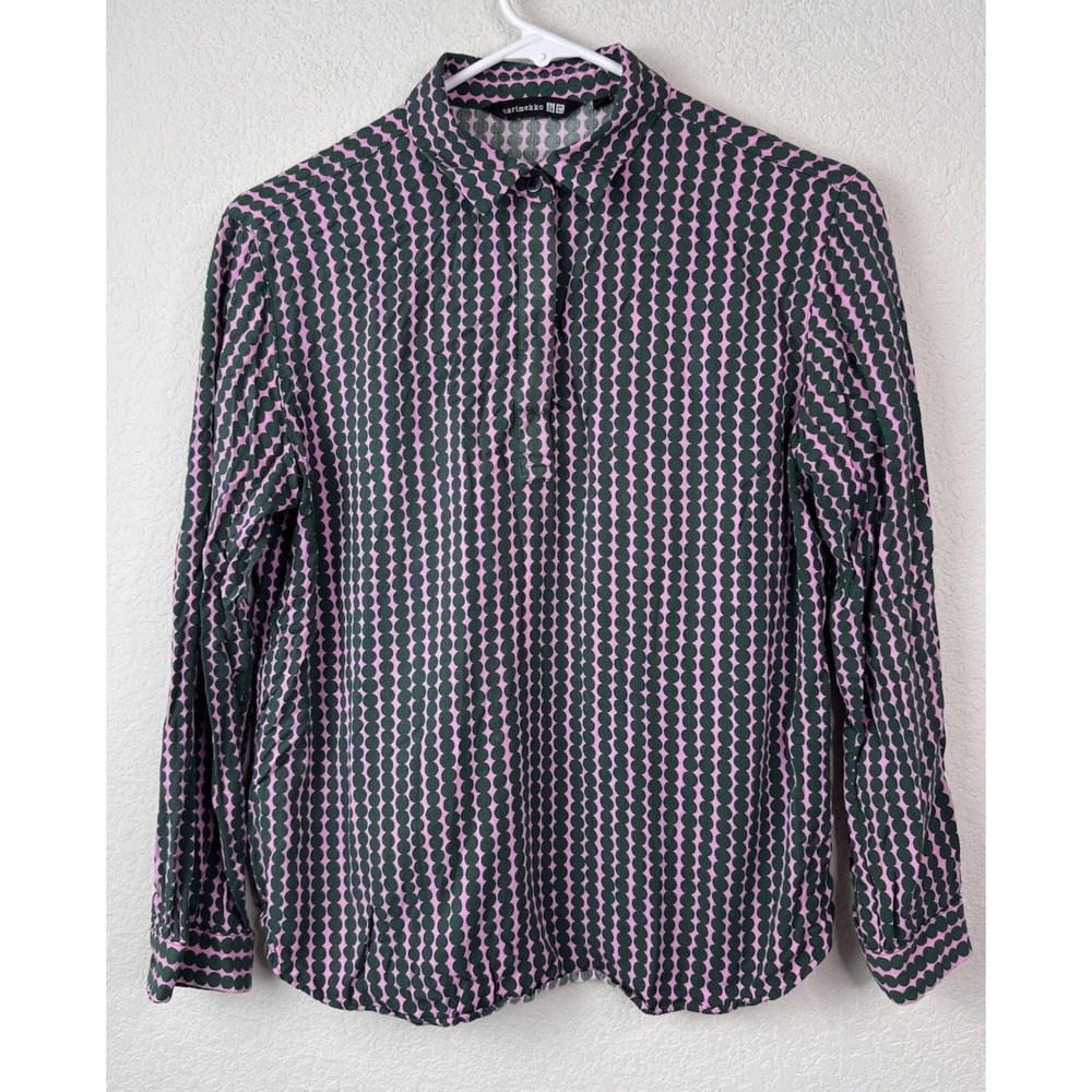 Marimekko x Uniqlo Printed‎ Blouse Women's S Pink Green Geometric Popover Artsy